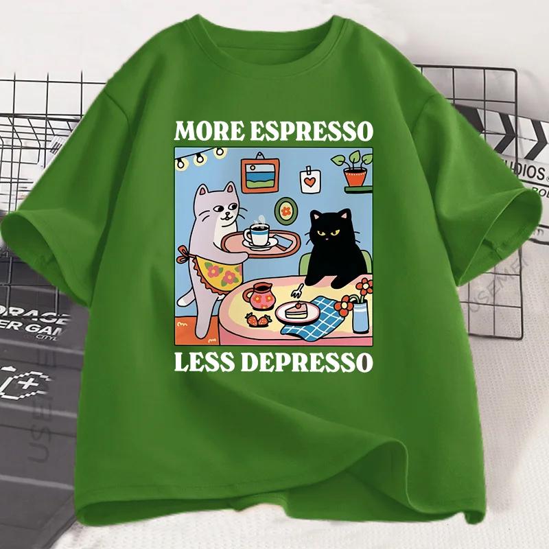 More Espresso Less Depresso Black Cat Tshirt Unisex Women Funny Coffee Cat T Shirt Casual Summer Cotton Short Sleeve Tshirt Tops