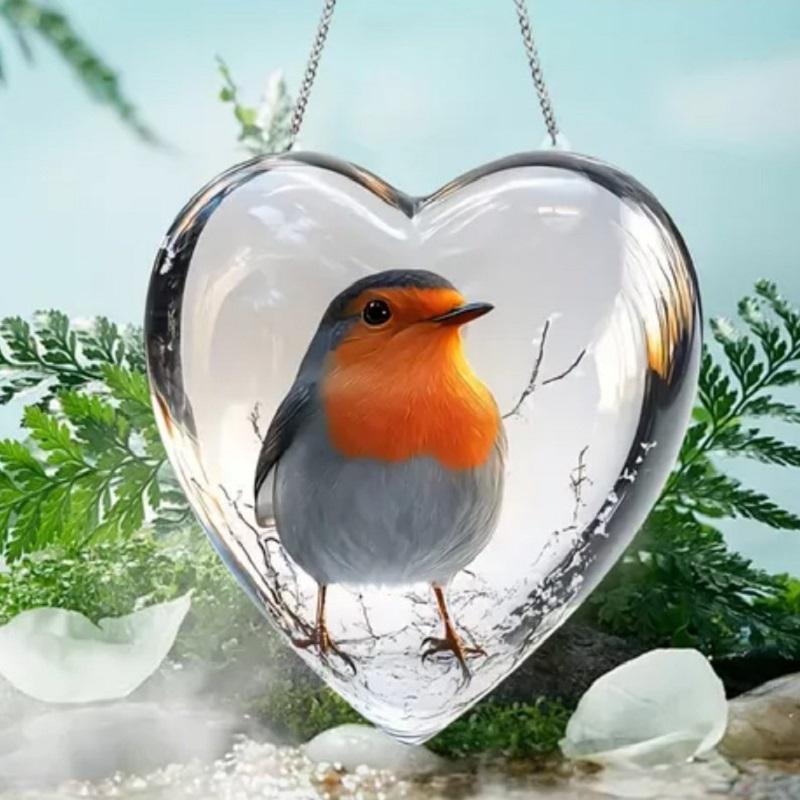 1pc Heart-Shaped Robin Acrylic Sun Catcher - Reflective Red-Breasted Bird Hanging Decor