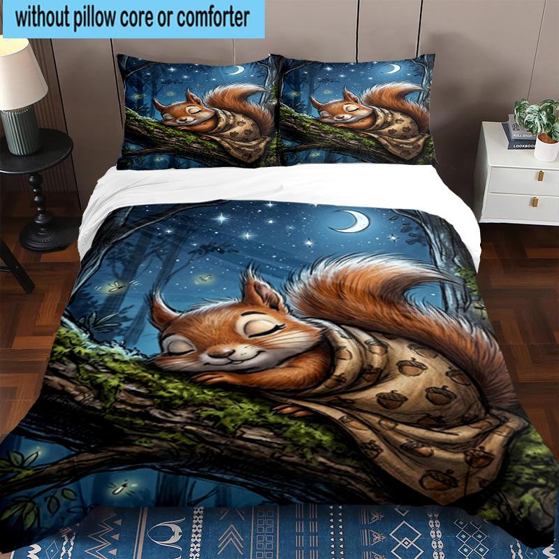 Squirrel Dreams Under Moonlight 3pcs Bedding,Including 1pc Duvet Cover And 2pcs Pillowcases Perfect for Christmas,Ideal for Bedroom, Dormitory