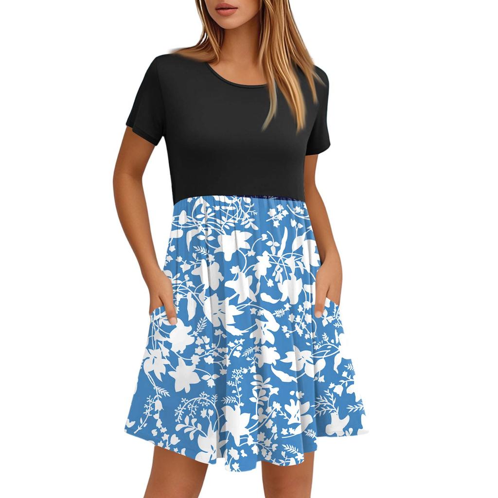 Женские модные повседневные свободные платья с круглым вырезом и коротким рукавом с принтом и карманами