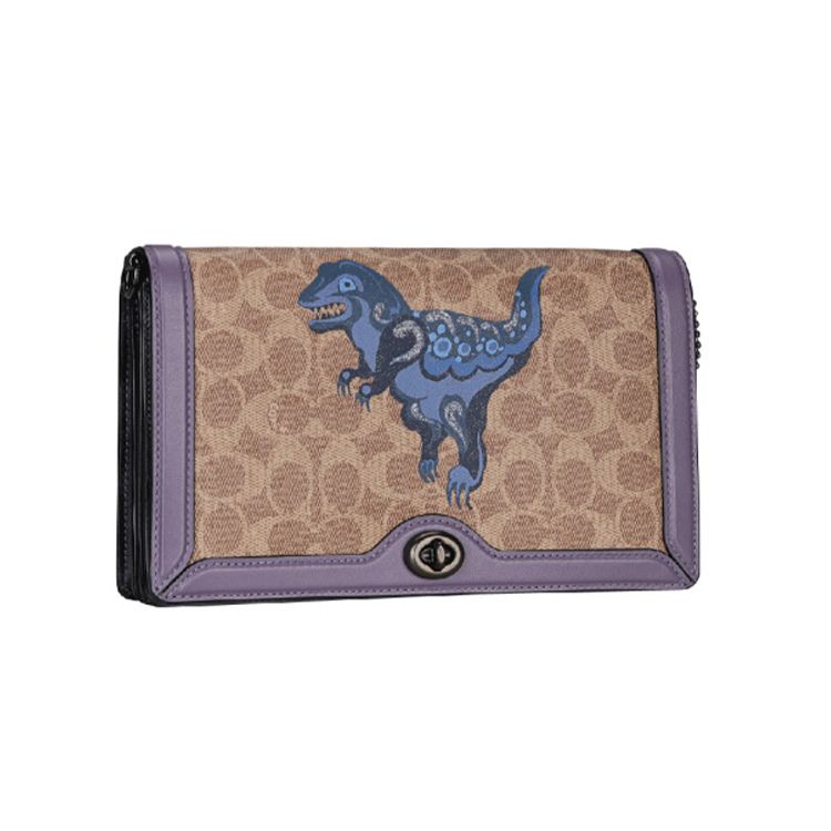 Coach X Zhu Jingyi Riley 25 Dinosaur Print Trim Leather PVC Crossbody Bag Women crossbody bag Purple Brown 73942-V5OYE