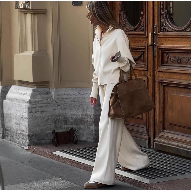 Повседневная куртка на молнии, пригородный костюм, простая однотонная уличная одежда, длинные брюки, комплекты из двух предметов для женщин, весна-осень