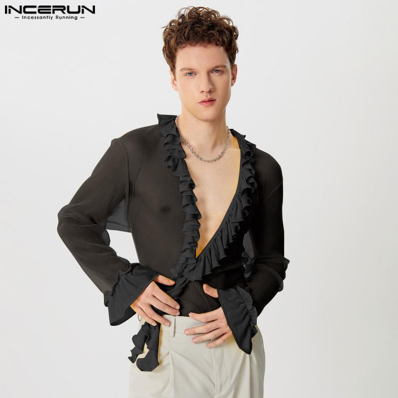 INCERUN Мужские рубашки с глубоким V-образным вырезом и длинным рукавом, оборками и сетчатыми вставками, прозрачные топы