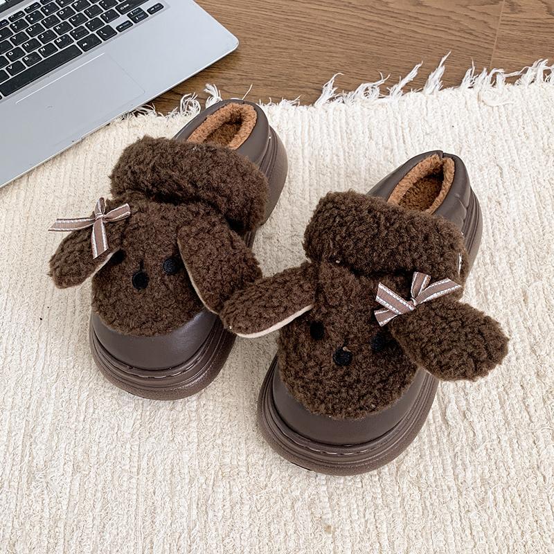 Fashion Cute Short Plush Cartoon Puppy Indoor Slippers Women Winter Warm Faux Fur Cotton Slides Comfort Thick Bottom Bedroom Slippers