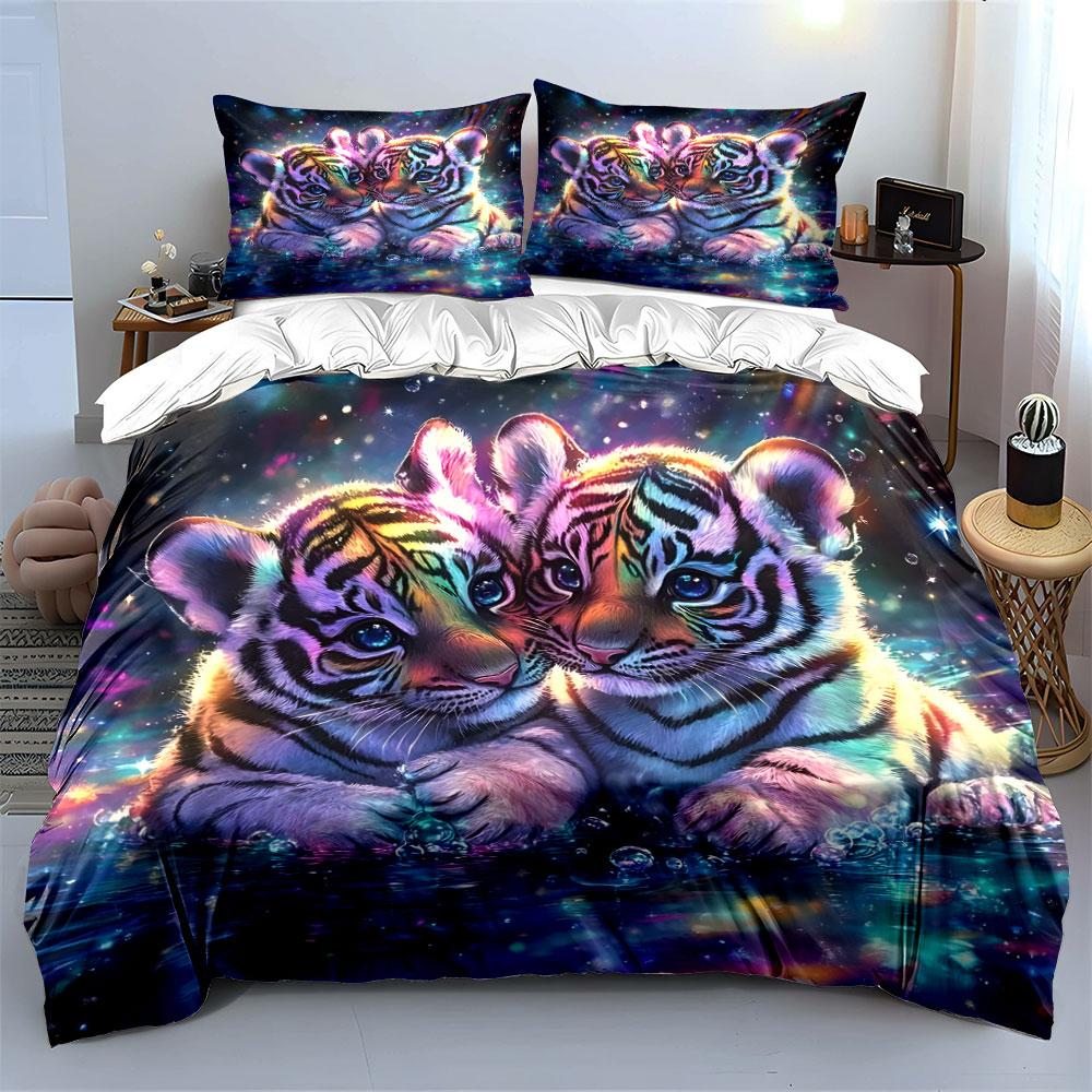 Colorful Tiger Cubs in Water Bedding Duvet Cover Set (1*Duvet Cover 2*Pillowcases, without duvet insert)