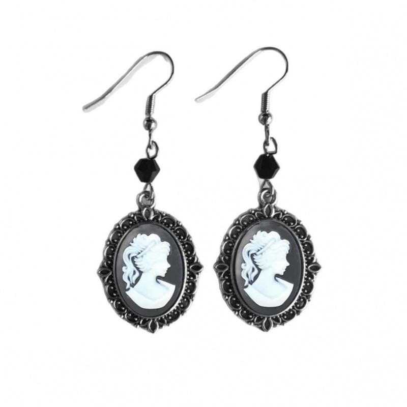 Gothic Renaissance Cameo Pendant & Black Bead Silver Earrings - Antique Silver Beauty Head Design