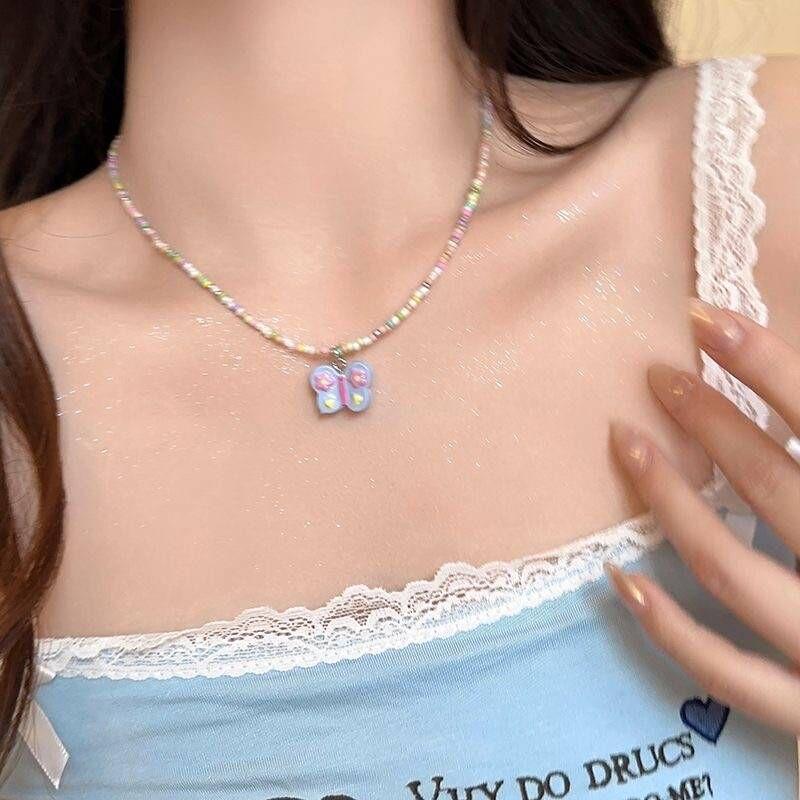Hyunya Wind Color Beaded Butterfly Necklace Female Summer Sweet Temperament Collarbone Chain Spice Girl Neck Chain