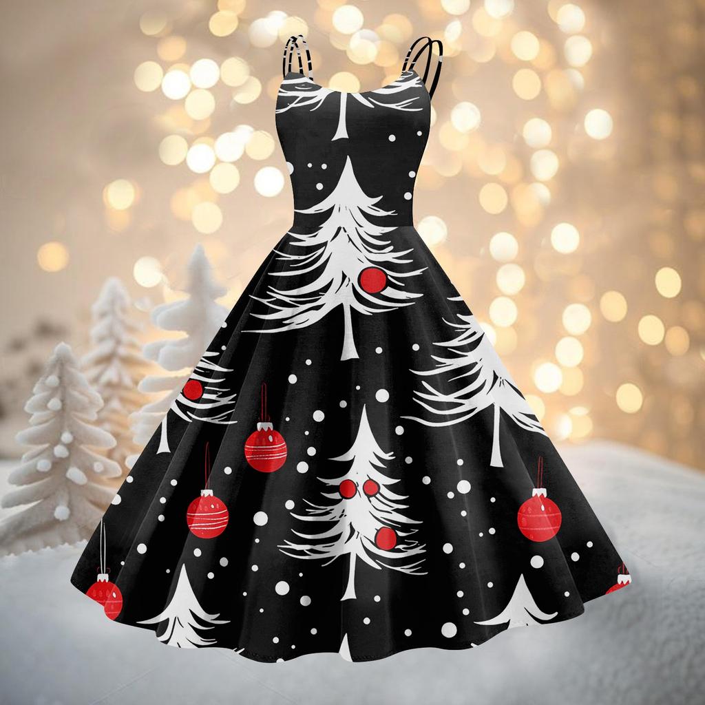 Women's Fashion Christmas Printed Sexy Strapless Gothic Cocktail Dress Punk, Vintage Dress