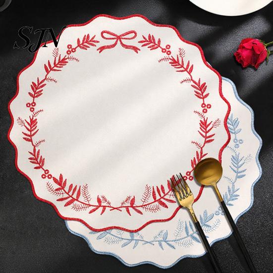 Large Round Placemats for Banquet Embroidered Placemat, 15 Inch Scalloped Leaf Bow Embroidery Retro Style Edge Table Pads Washable Fabric Heat