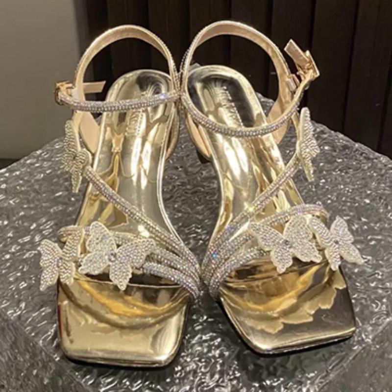 Fashion 2024 Summer Retro Woman Shoes Luxury Sandals Suit Female Beige High Heels Original Velvet Fashion Black Girls New Low Rhinestone