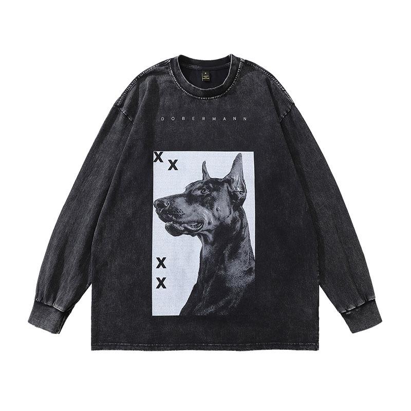 Винтажная футболка унисекс с круглым вырезом TKPA Doberman – Вываренная, Ретро уличный стиль, Свободный крой, Уличная одежда с коротким рукавом