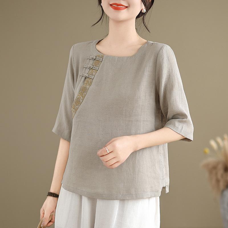Футболка однотонная с вышивкой в китайском стиле, женская рубашка свободного кроя с короткими рукавами в стиле ретро