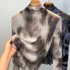 Women's Autumn and Winter Half High Neck Bottom Retro Printed Mesh Yarn Thin Inner Mullet Top