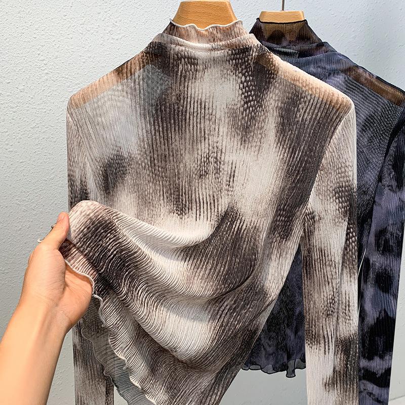 Women's Autumn and Winter Half High Neck Bottom Retro Printed Mesh Yarn Thin Inner Mullet Top