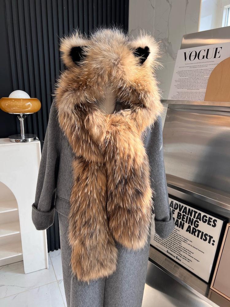 Шапка из меха лисы, шарф из меха медведя, встроенная меховая зимняя шапка для женщин, теплая двухсторонняя, из натурального волоса, мягкая, симпатичная, с ушками, уменьшающая возраст
