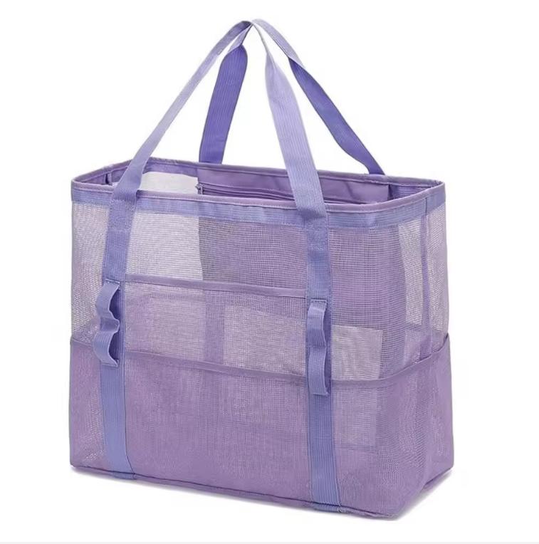 Mesh Beach Bag Multi-Pocket Organizer Handbag Shoulder Beach Bag Large-Capacity Portable Tote Bags For Vacation Organizing
