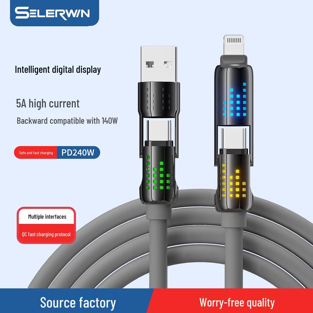 Кабель для быстрой зарядки 240 Вт 2-в-2 с семицветной светодиодной индикацией для Apple и Android
