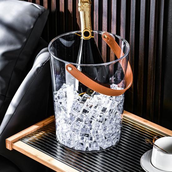 Clear Ice Bucket Cocktail Glass Chiller with Faux Leather Handle