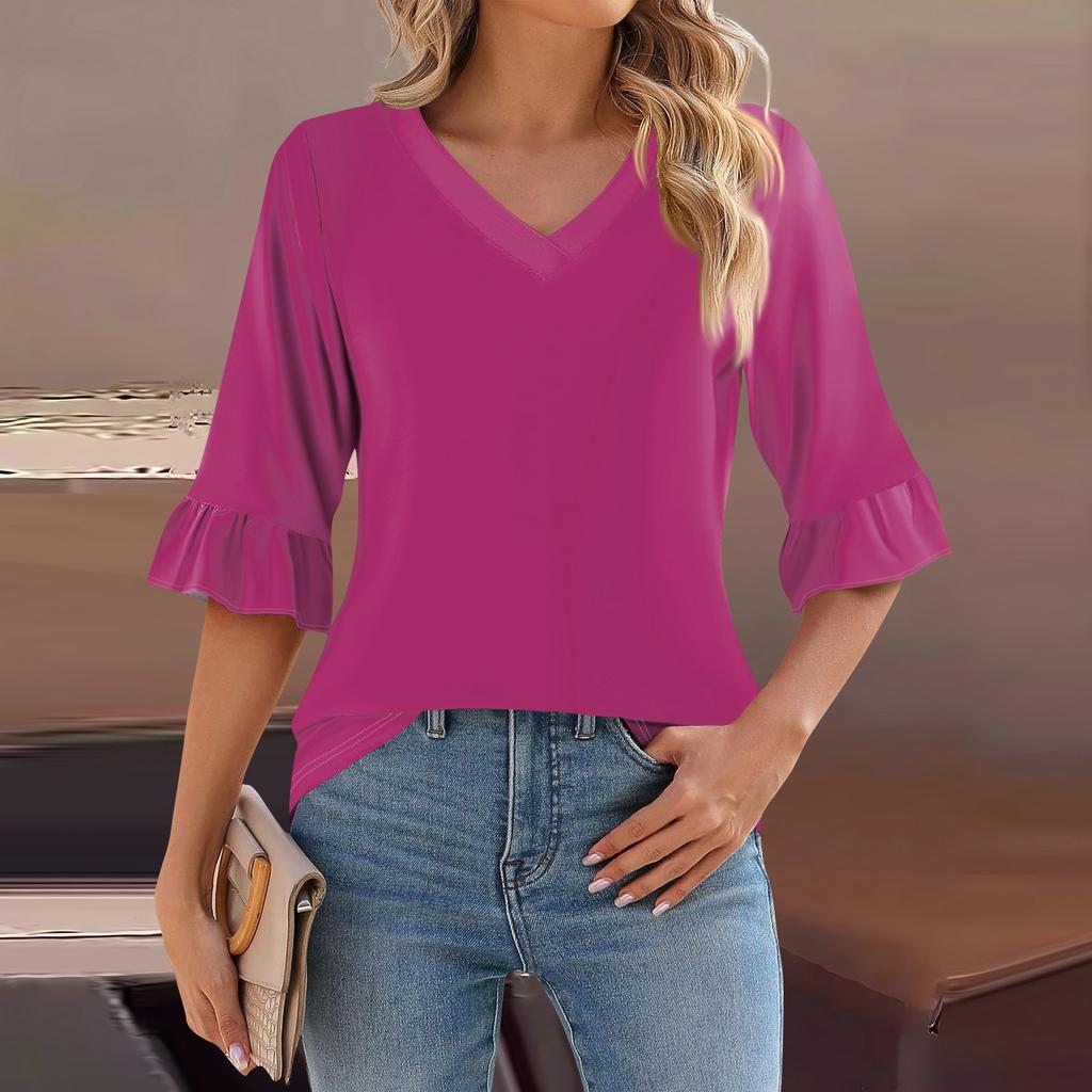 Женский повседневный топ с рукавами 3/4, летняя футболка с v-образным вырезом и пышными рукавами