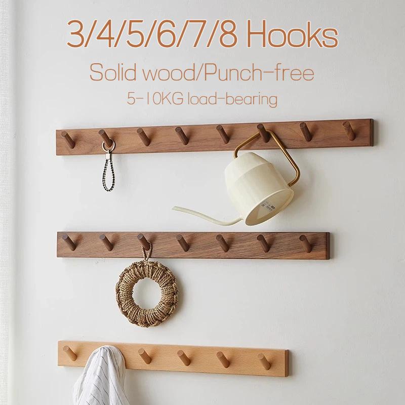 Solid Wood Wall Mounted Coat Hook Rack, Natural Beech Black Walnut Wooden Hook Rail, No-Drill Adhesive Hooks For Entryway Bedroom Bathroom