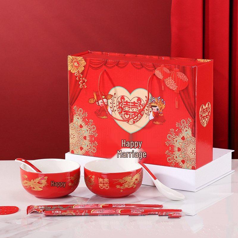 ZISIZ Wedding Ceramic Bowl & Chopstick Gift Set