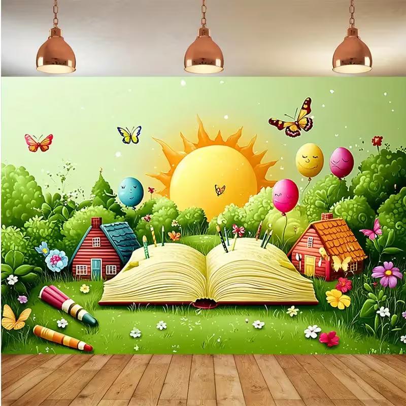 2D Magical Storybook Backdrop, Cartoon Open Book with Sun and Butterflies Background for Kids Birthday & Art Party