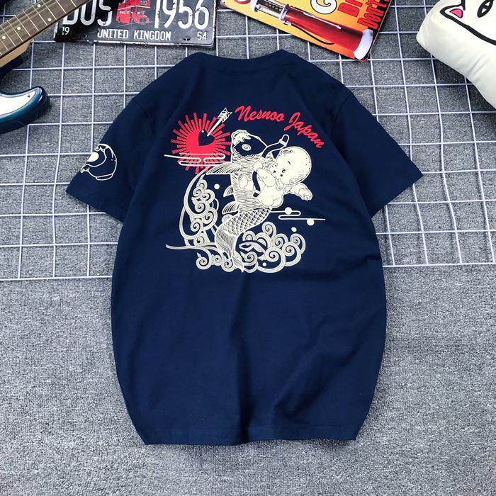 Японский бренд Tide Счастливый призрак Маленький дьявол Рыбалка Карп Принт Чистый хлопок Большой размер Футболка Мужская Женская Локомотивы