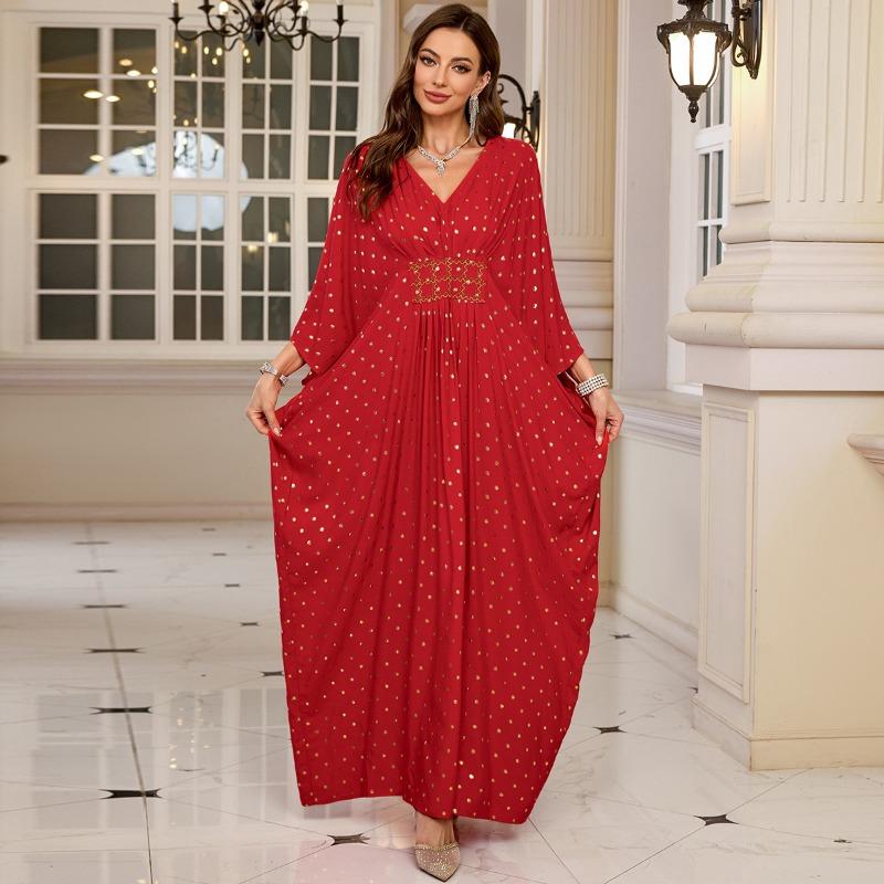 Женская мода весна осень горошек принт длинный рукав V-образный вырез свободная талия повседневные платья