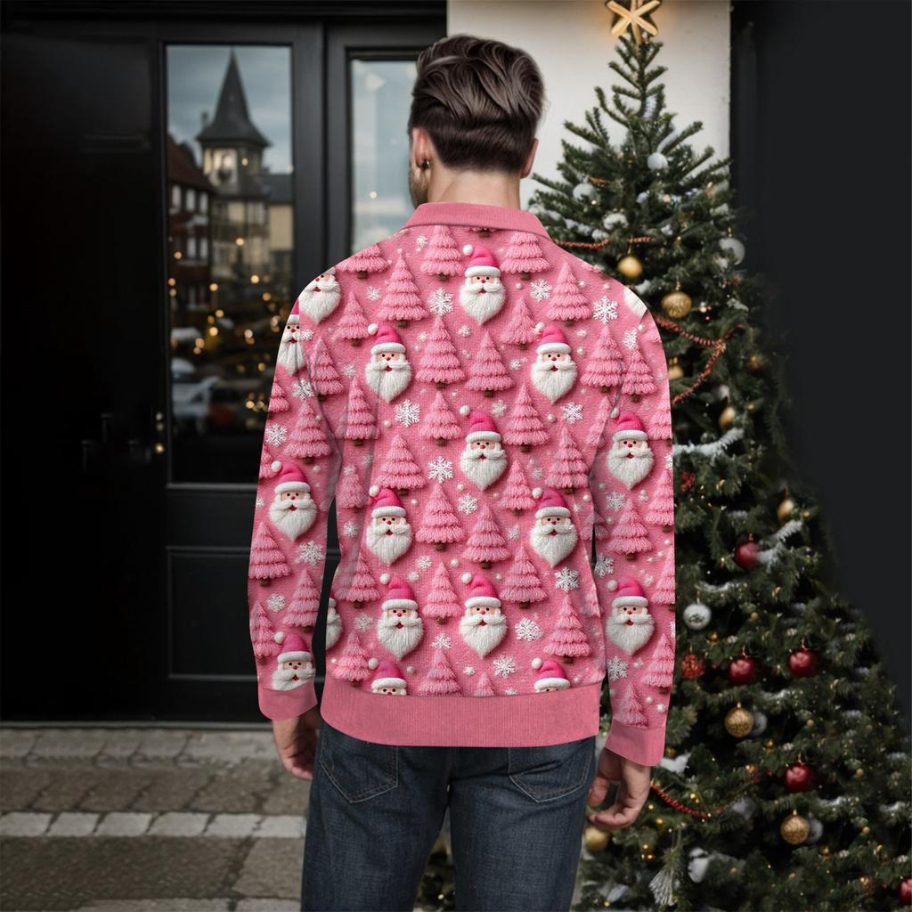 Men's Christmas Cotton Pullover Long Sleeve Outdoor Shirt Vintage Corduroy Button Stand Collar Shirt Casual Sweatshirt Christmas Print Top