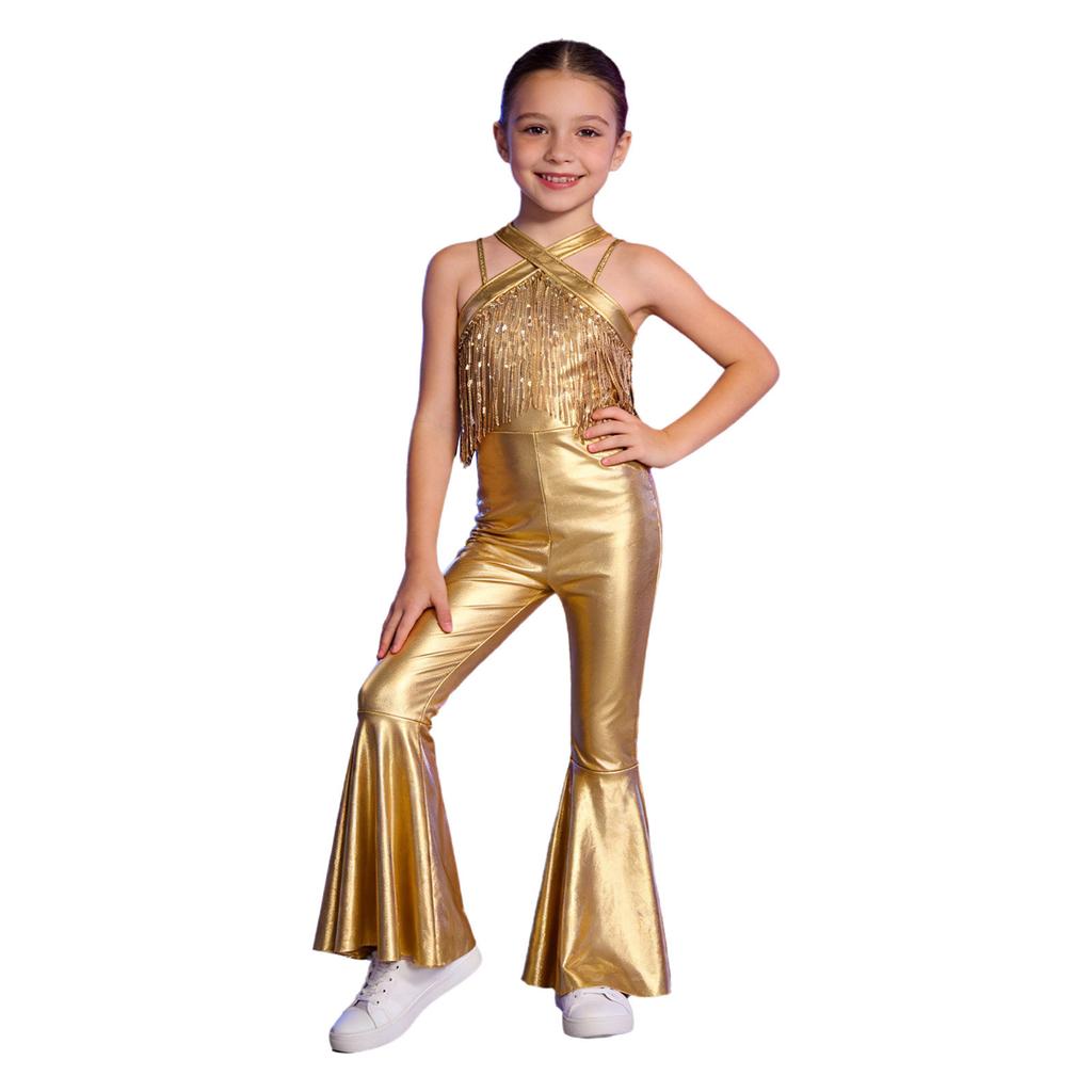 Kids Metallic Disco Dance Bodysuit: Sleeveless Sequins Tassels Jumpsuit with Back Invisible Zipper & Flared Pants