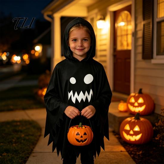 Black And White Ghost Cloak Halloween with Hood, Loose Fit Irregular Hem Costume Party Attire for Cosplay Party, Spooky Pullover Cape Kids Adults