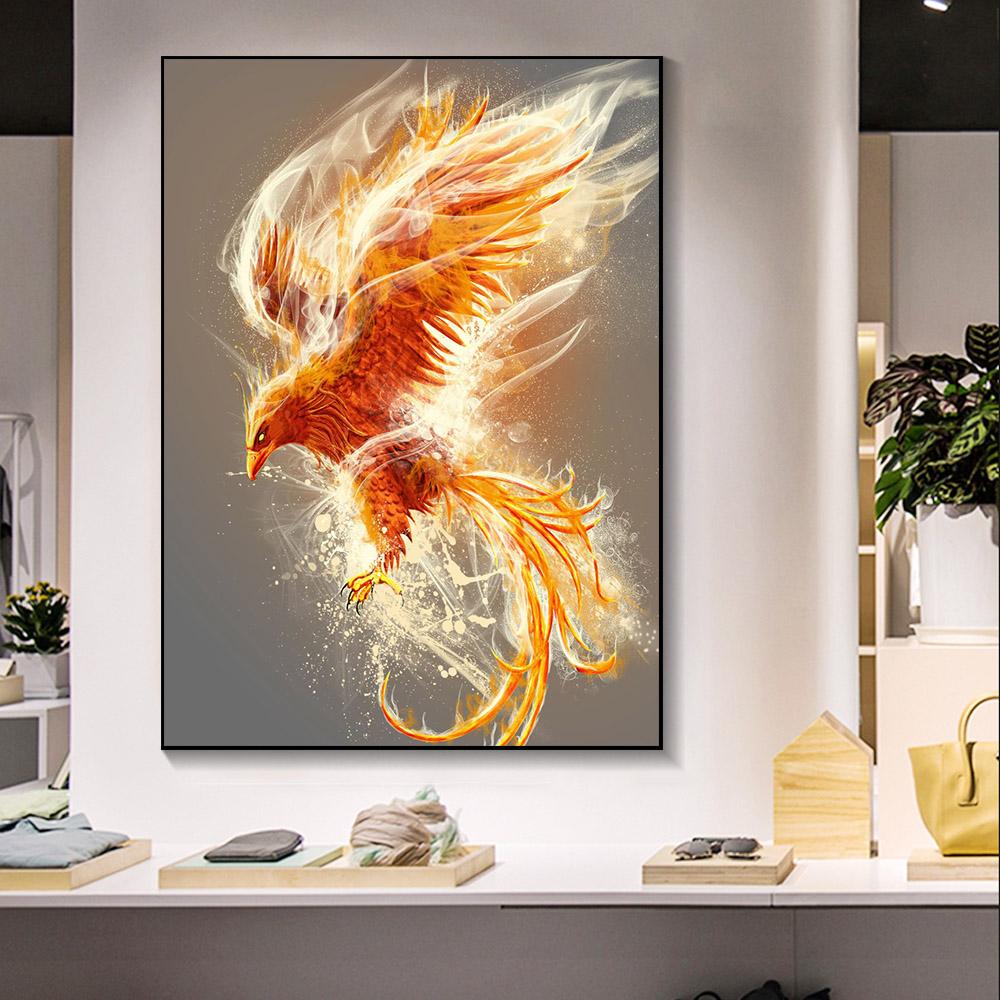Рамка из цельного дерева Абстрактная картина маслом Феникс Холст Картина Стена Красивая современная благородная птица Художественный принт Плакат Гостиная Домашний декор