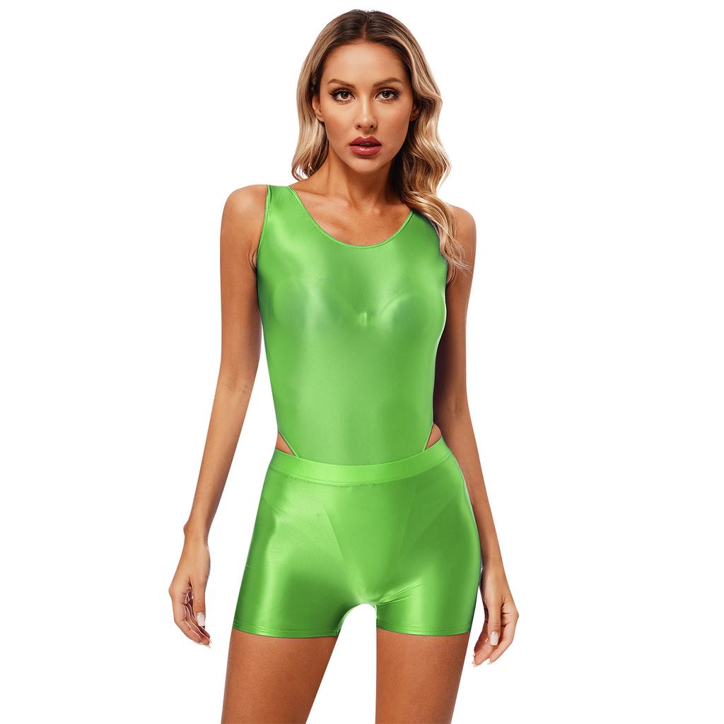 Womens Glossy Swimsuit Two Piece Swimwear Sleeveless Bodysuit Mid Waist Shorts Yoga Fitness Swimming Suit
