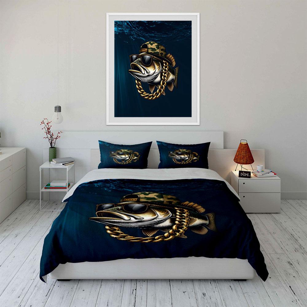 Cool Fish Decor Set Bedding Set with 1 Duvet Cover 2 Pillowcases Single Double King Queen, Gift