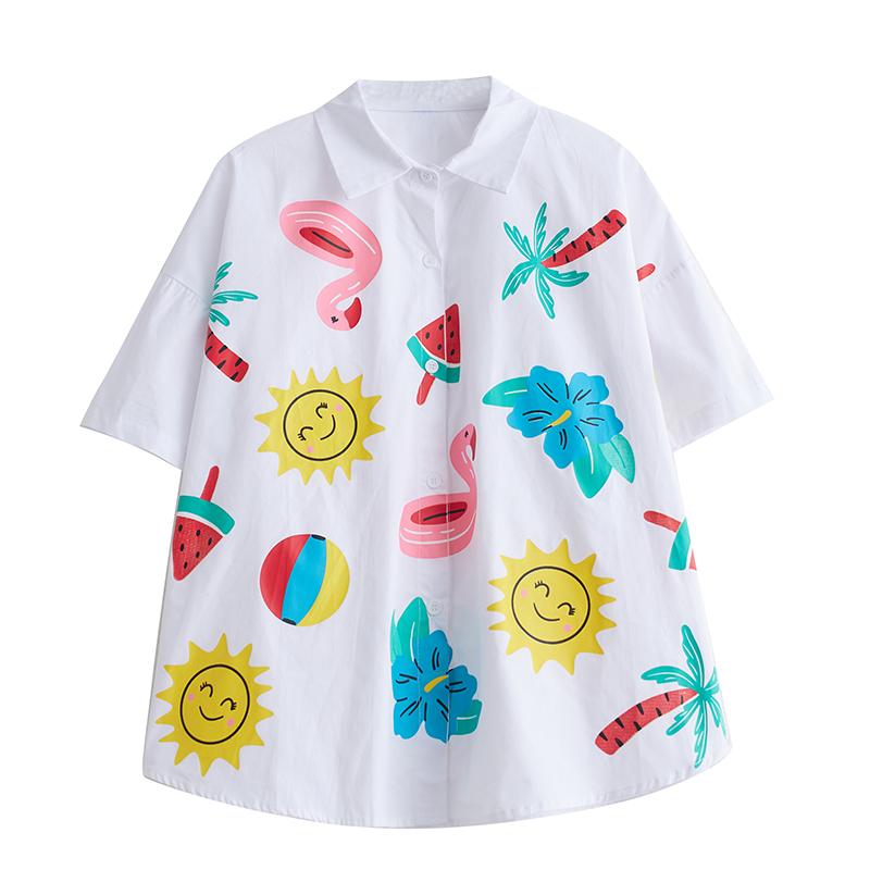 DIMANAF 2025 Plus Size New Summer Style Blouse Vintage Design Short Sleeve Colorful Casual Shirt Women Loose Shirt Geometric Print Shirt