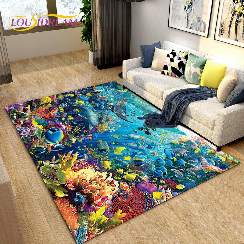 Подводный мир Морское дно Рыба Дельфин Коврик Большой, Коврик для гостиной Спальня Диван Коврик Кухня, Нескользящий напольный коврик