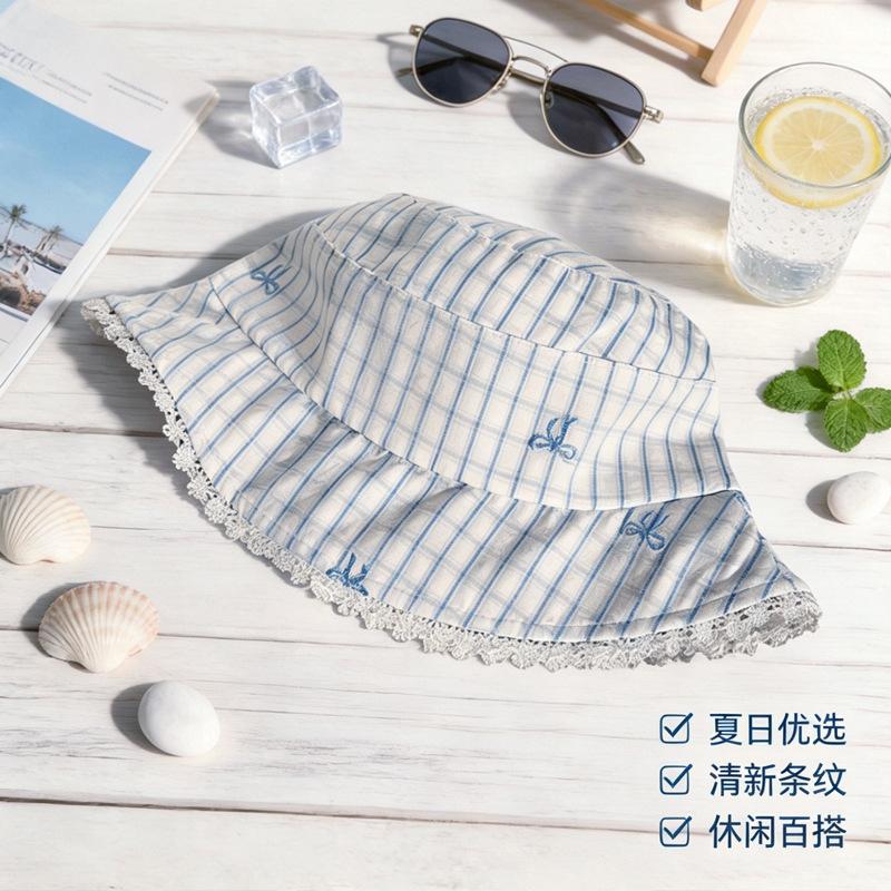 Wenling, Taizhou summer outdoor fashion fisherman hat women's plaid sunshade basin hat showing small face breathable sunscreen hat