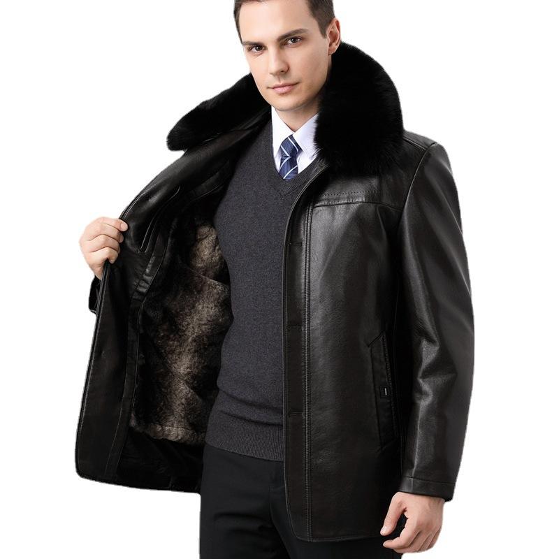 Winter Middle-Aged Men'S Removable Liner Leather Jacket Jacket Sheepskin Coat Genuine Leather Fur Collar Piled And Thickened