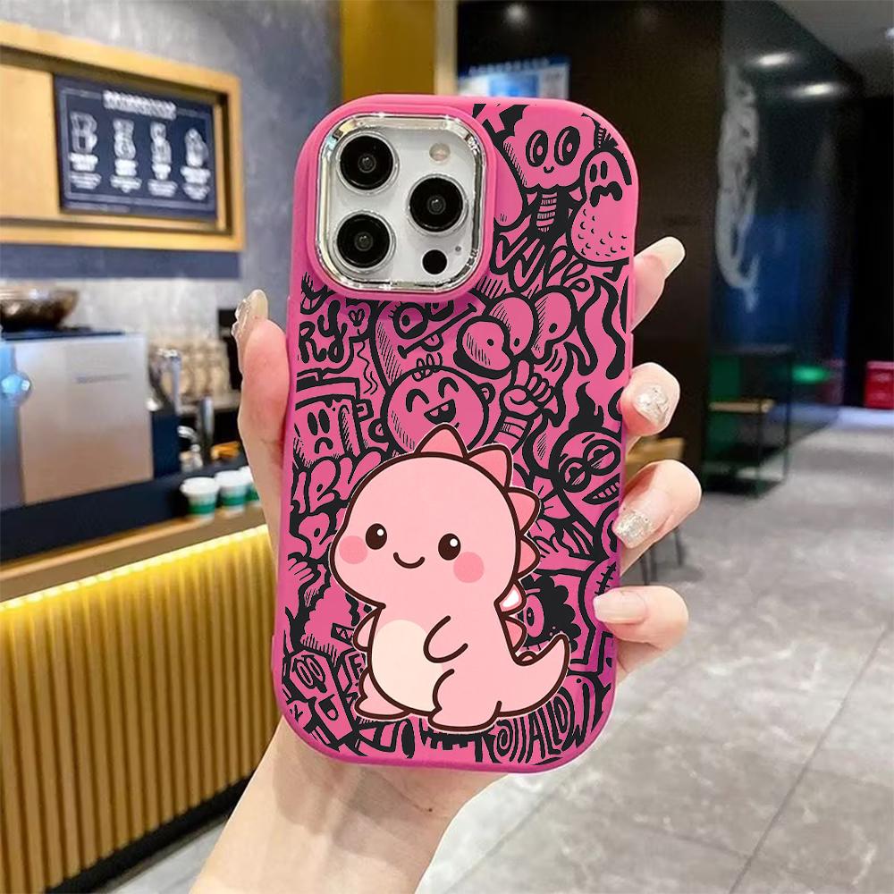 Phone case: 2D flat design suitable for iPhone 18 17 16 15 14 13 Pro protective case, couple style, pink little dinosaur, Christmas and Halloween gift
