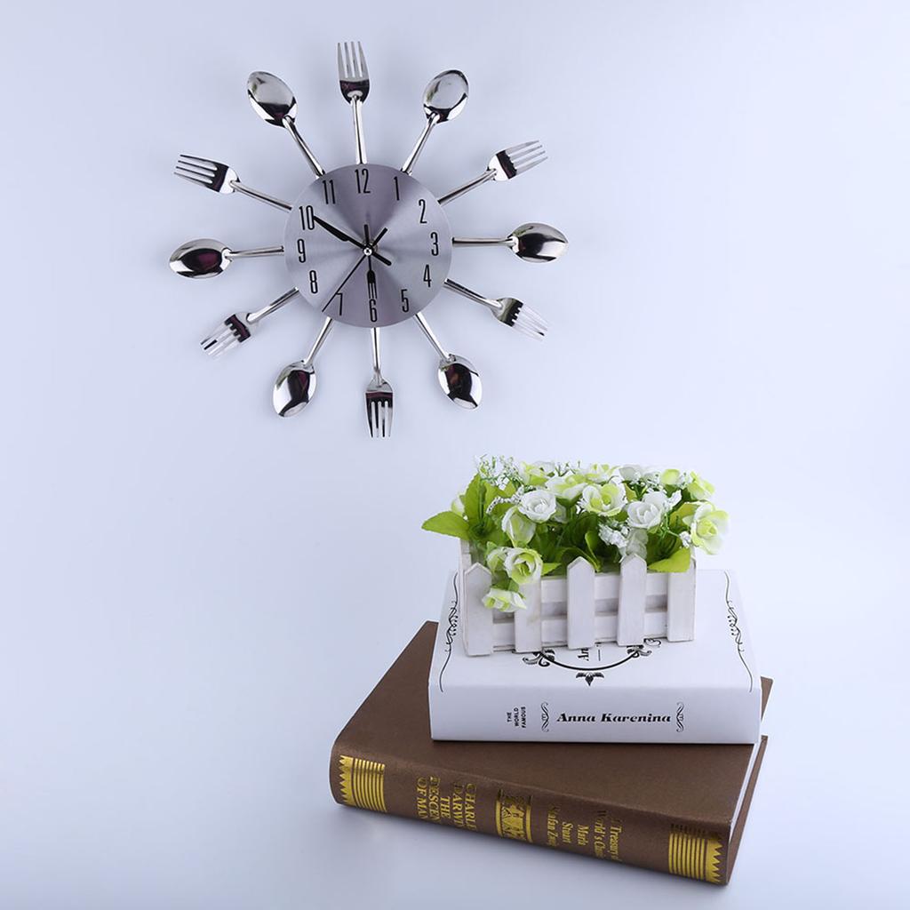Большая 3D зеркальная поверхность серебряный современный дизайн столовые приборы кухонная утварь ложка вилка настенные часы своими руками