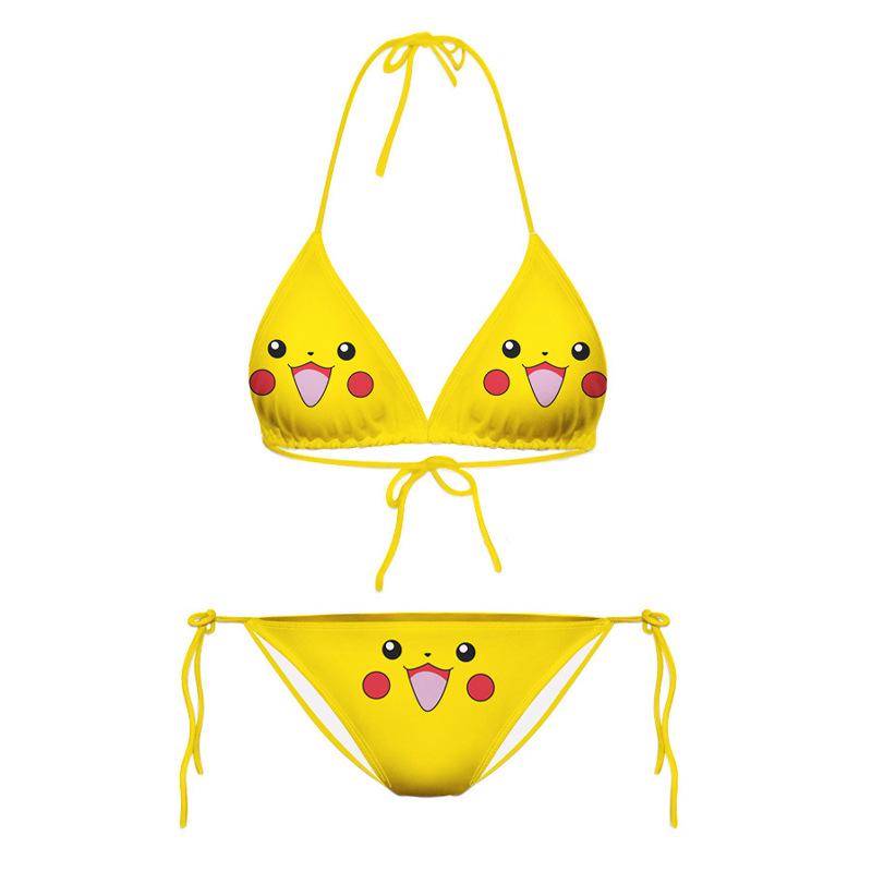 Pikachu Yellow Women's Halter Bikini - Sexy Triangle Swimsuit with Lace-Up Design
