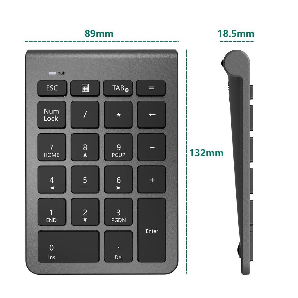 Wireless Bluetooth Numeric Keypad, Multi-Device Compatible, with Tab Key, Ultra-Slim, Compatible with Windows, iOS, and Linux, Portable, Space Gray