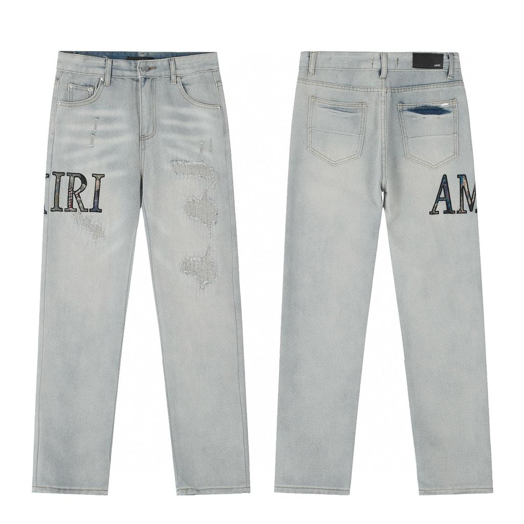 M48 Amiri Men's and Women's American Style Trendy Jeans with Fabric Patches, Holes, Embroidery, Casual and Fashionable High Street Pants