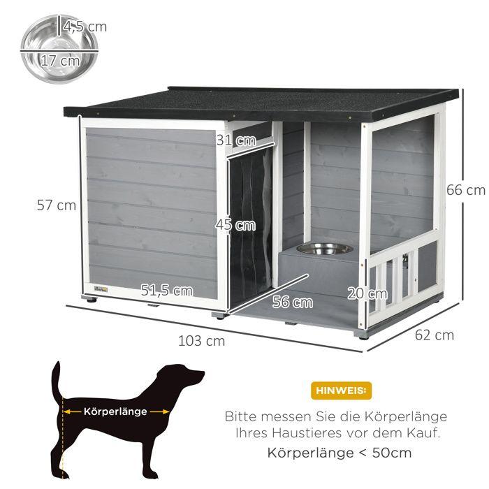 Weather-Resistant Fir Wood Dog Kennel with Terrace, Two Bowls and Asphalt Roof, Grey