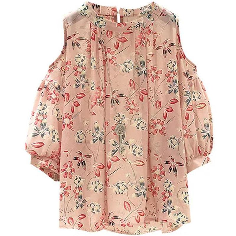 Chiffon Printed Off-the-shoulder Short Sleeve Top Ladies Plus Size Blouse for Women