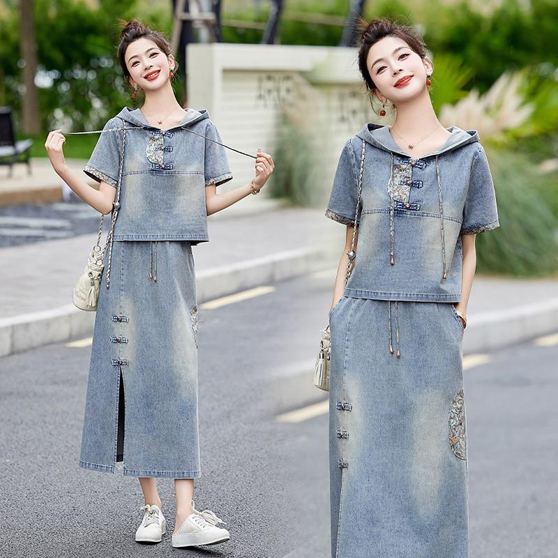Женский летний ретро-вышитый джинсовый костюм с юбкой и капюшоном