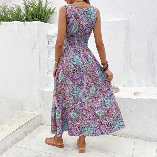 Женское богемное платье с V-образным вырезом без рукавов с открытыми плечами Узкая талия Плюс Размер Красочный принт Узкая эластичная талия Длина до середины икры Летнее пляжное платье миди