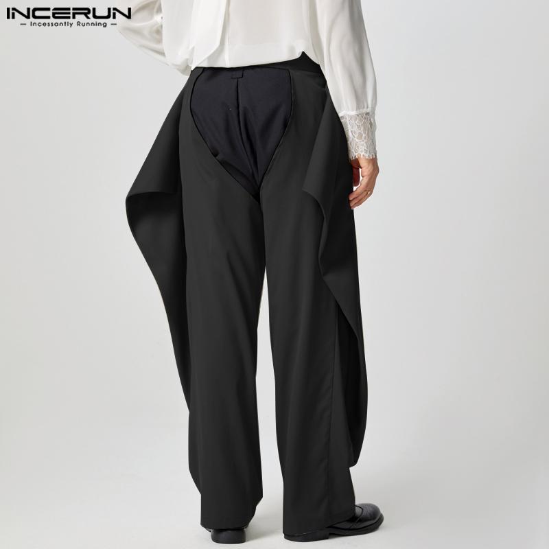 INCERUN Мужские длинные брюки с пуговицами на талии и полым шаговым швом, повседневные брюки с широкими штанинами