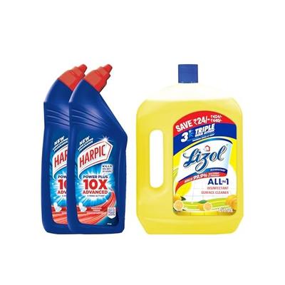 Harpic Дезинфицирующее Средство для Чистки Туалета, Оригинальное - 1 л (Упаковка из 2 шт.) С чистящим средством для пола Lizol, цитрусовый - 2 л