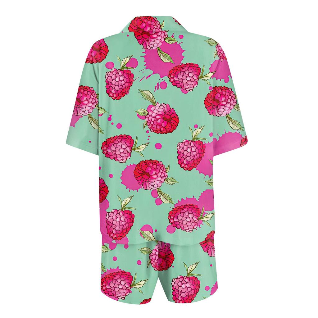 Women's Silk Pajamas Button Home Clothes Star Print Short Sleeve Satin Pajama Set 2 Piece Set